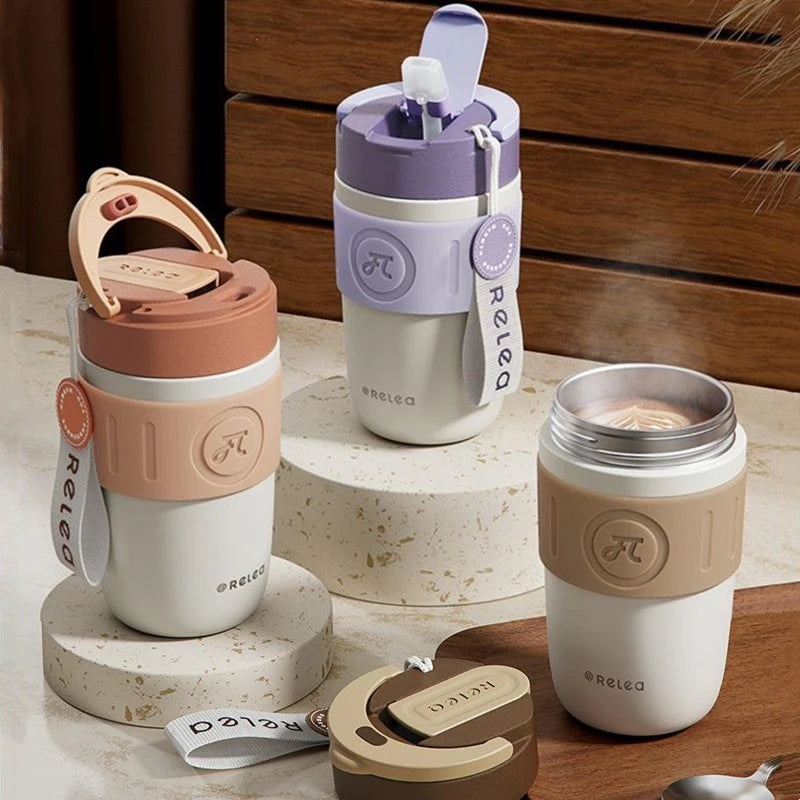 Stainless Steel Thermos Cup with Handle & Straw